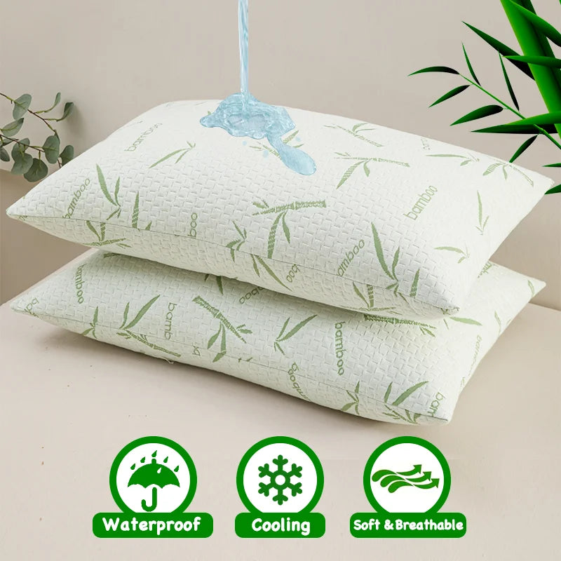 2Pcs Waterproof Bamboo Pillowcases (Without Core), Cooling & Soft & Anti-Bacterial Pillow Protectors with Zipper Pillow Cover