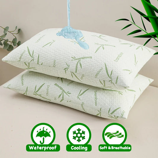 2Pcs Waterproof Bamboo Pillowcases (Without Core), Cooling & Soft & Anti-Bacterial Pillow Protectors with Zipper Pillow Cover