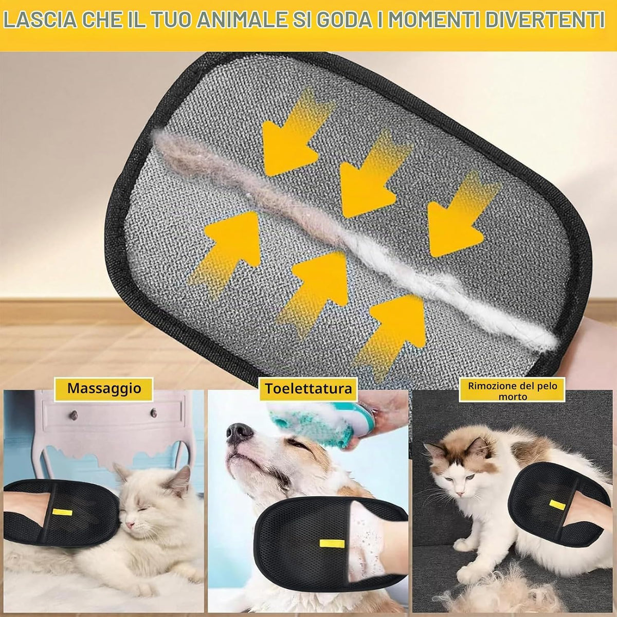 Pet Grooming Gloves, Double-Sided Pet Grooming Gloves, Pets Static Hair Removal Glove, Removal Glove for Pets Hair, Applica Può Rimuovere Rapidamente Peli Vesti